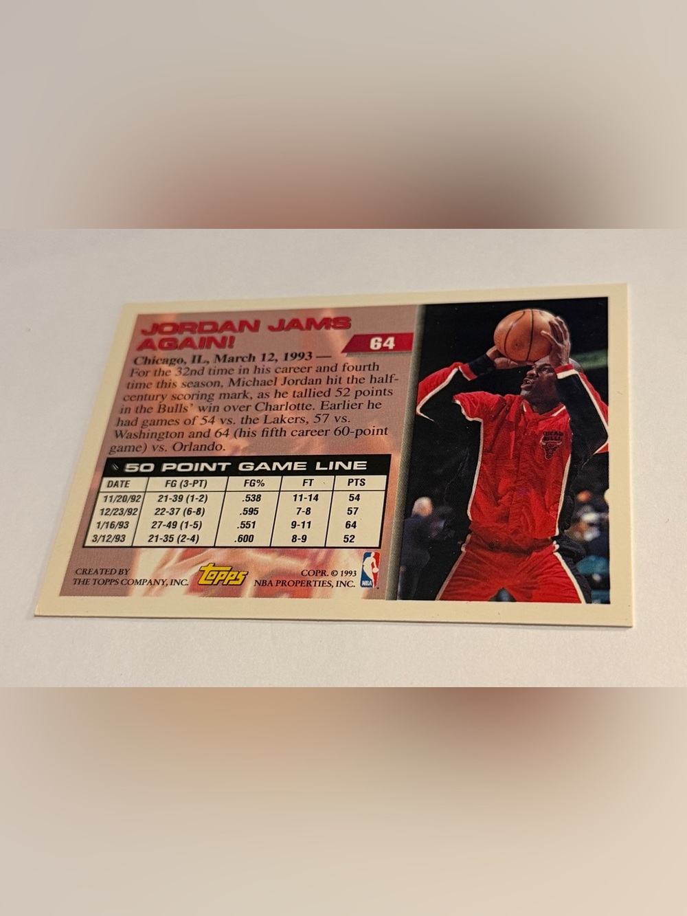 Michael Jordan 1993 Topps Basketball Card 50 Point Club Vintage #64 Collectible - Picture 2 of 3